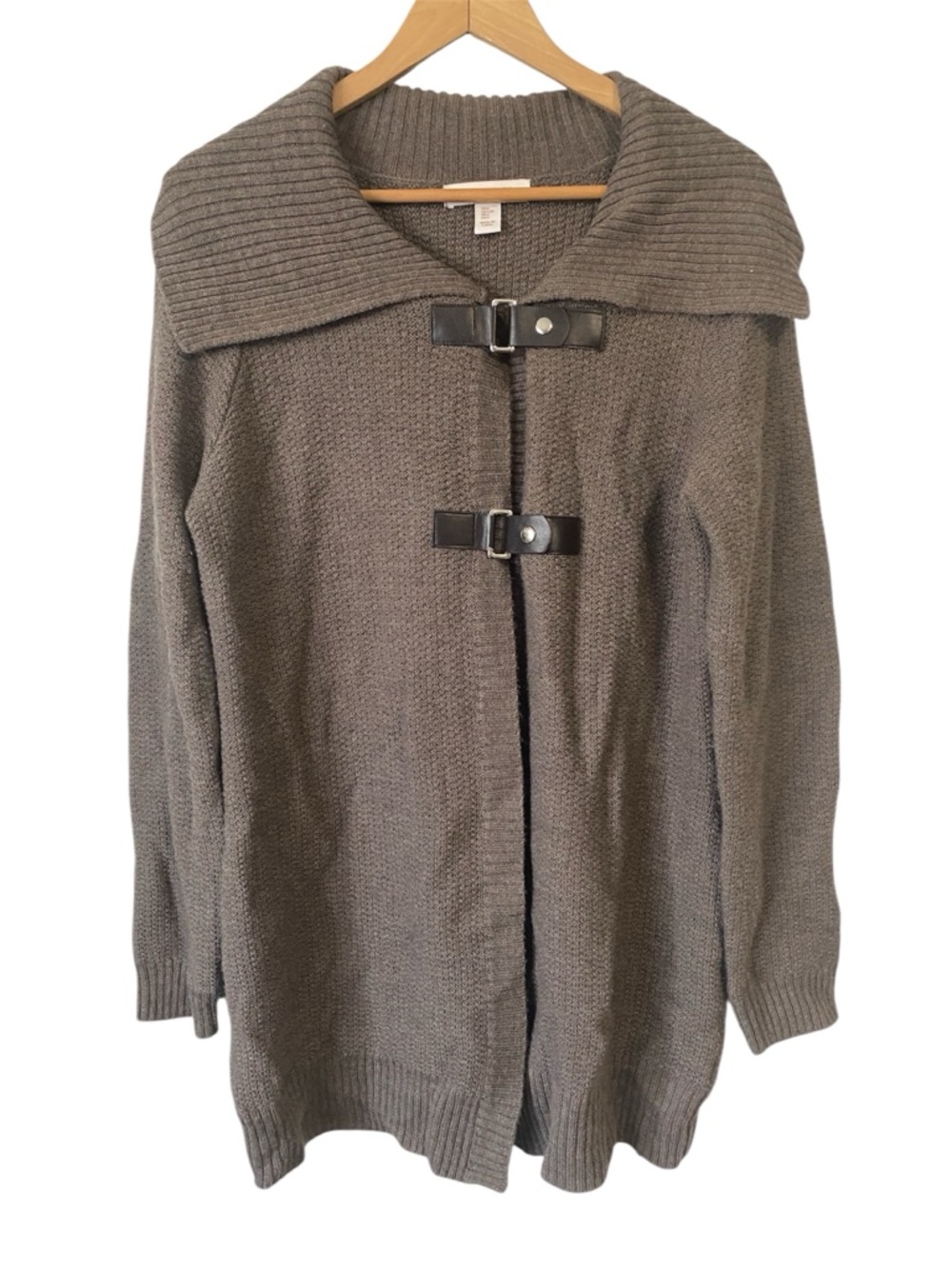 Ellen Tracy wool blend long cardigan sweater shawl collar buckle closures Large